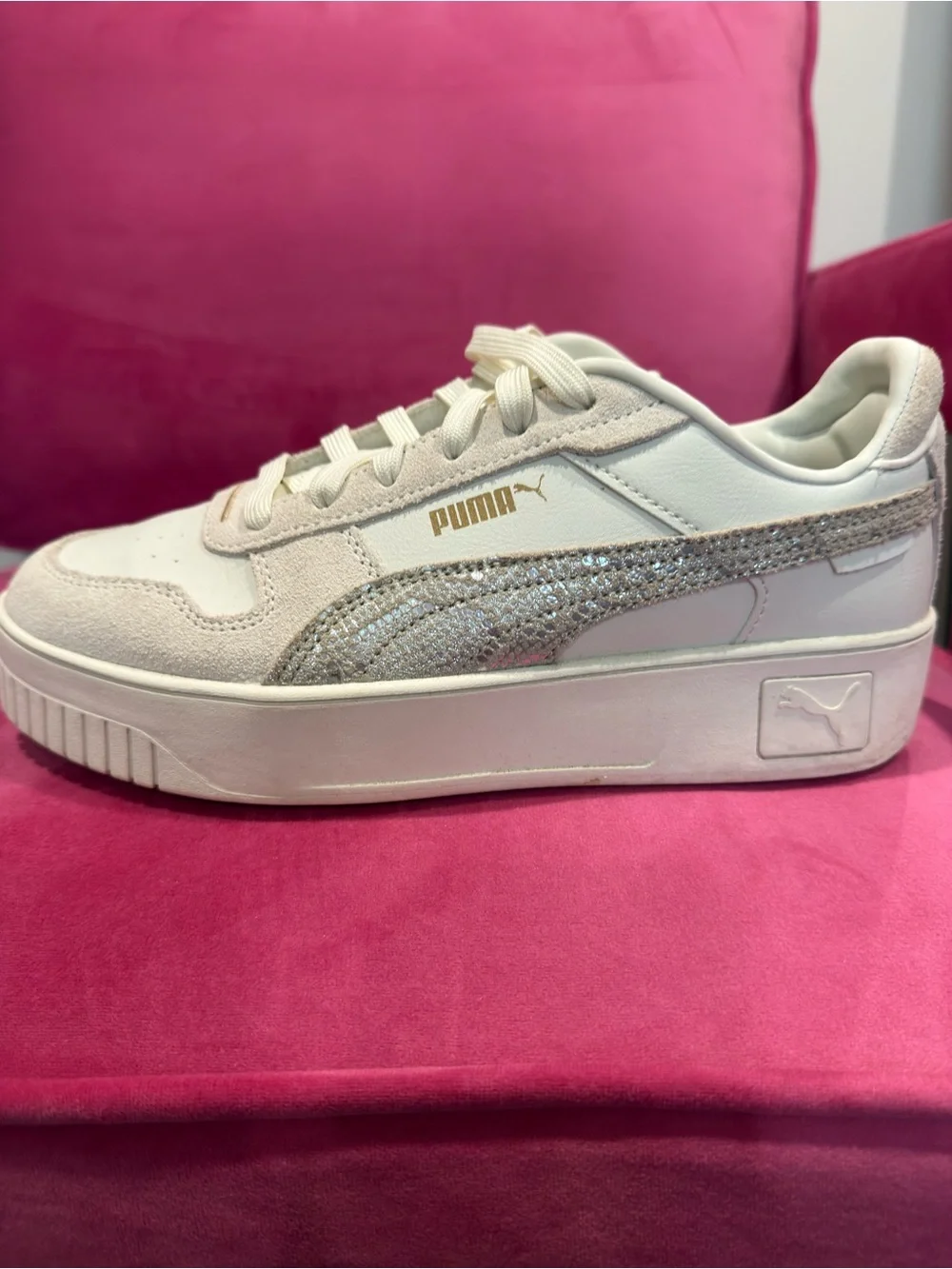 Puma Carina Women's Platform Sneakers in Light Cream and White with Snake print